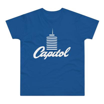 Blue t-shirt with white "Capitol" text and building graphic.