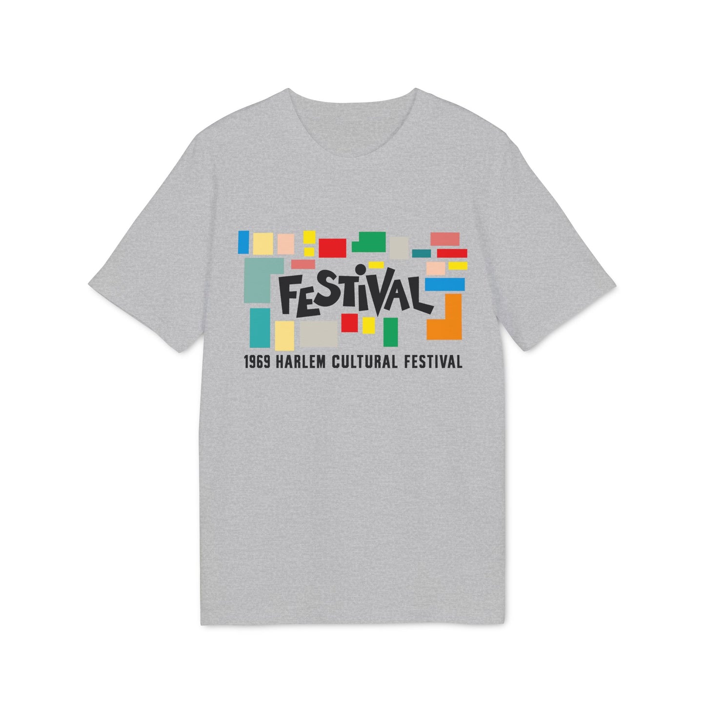 Grey t-shirt with "Festival" and "1969 Harlem Cultural Festival" text.