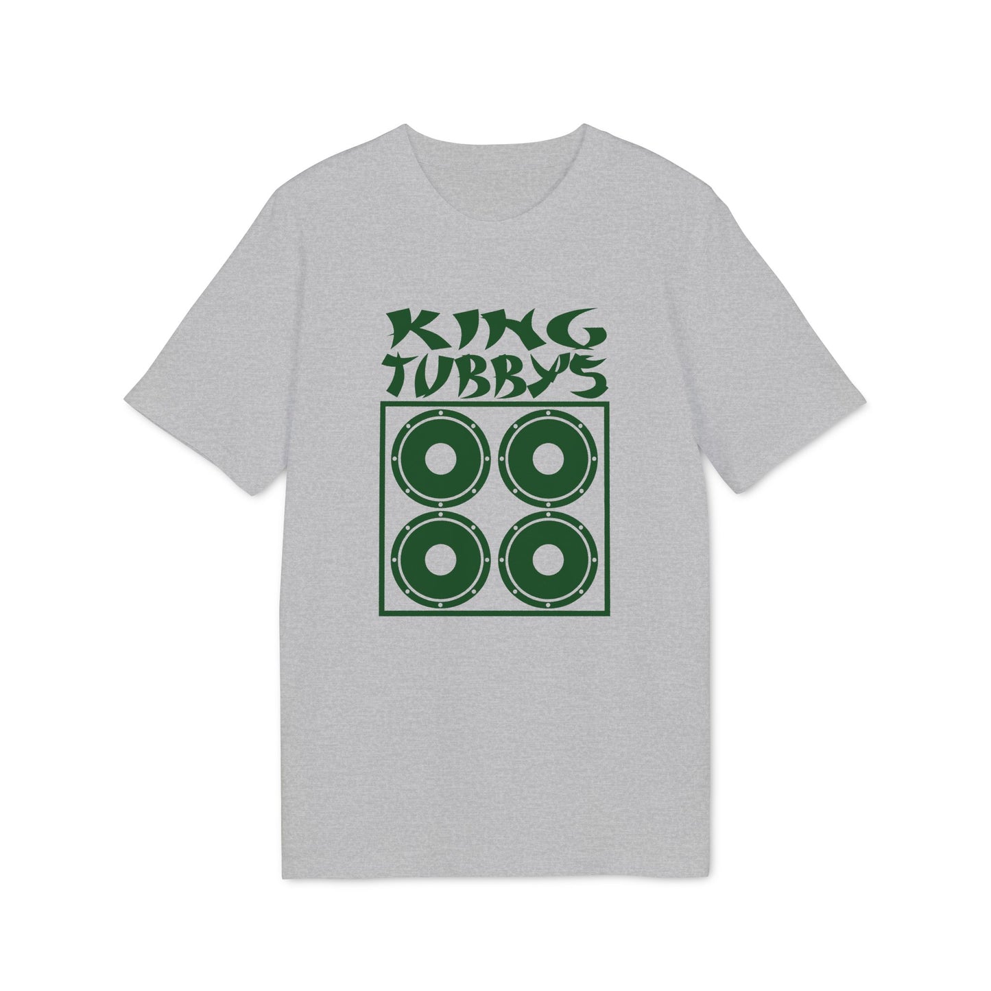 Grey t-shirt with green text "KING TUBBY'S" and four speaker icons.