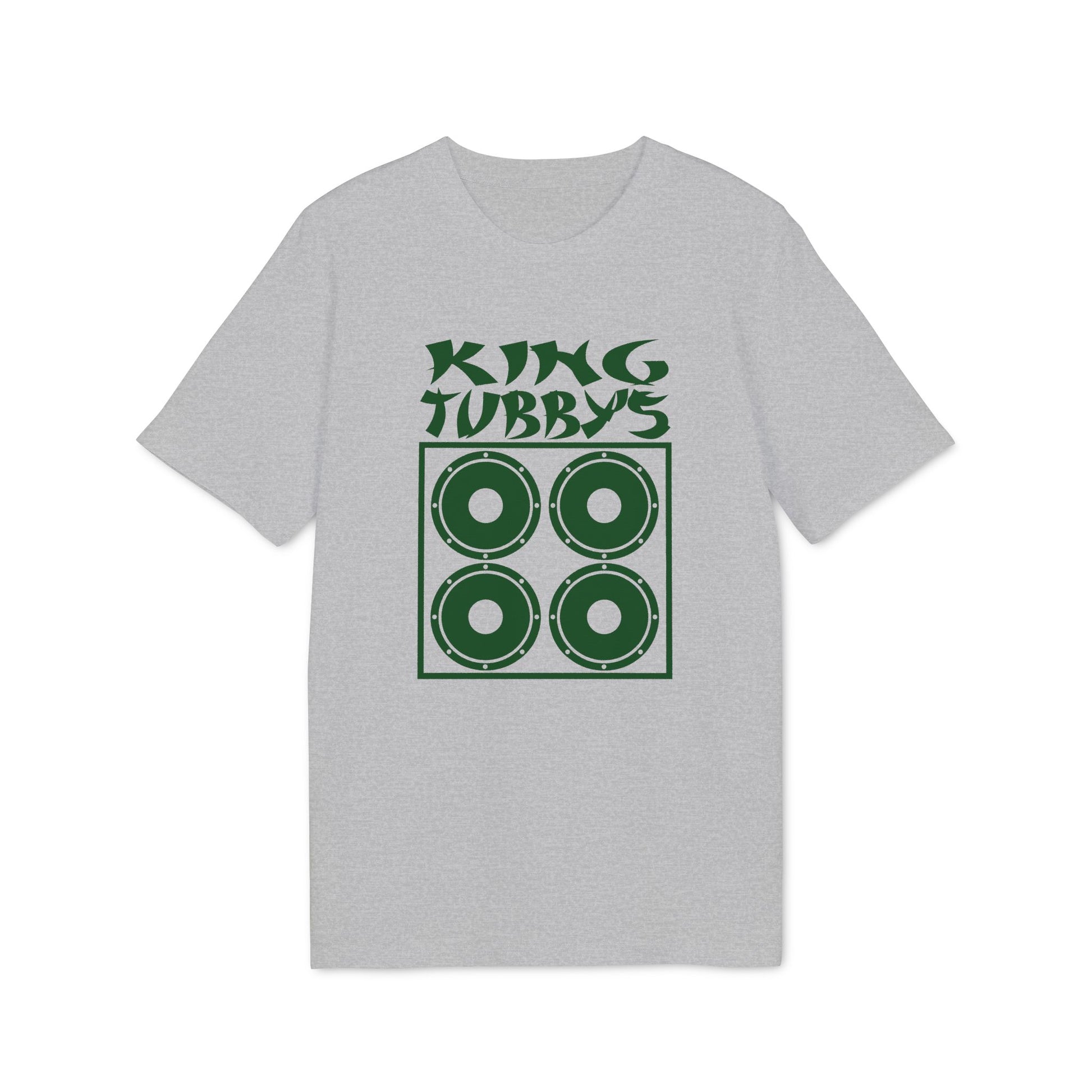 Grey t-shirt with green text "KING TUBBY'S" and four speaker icons.