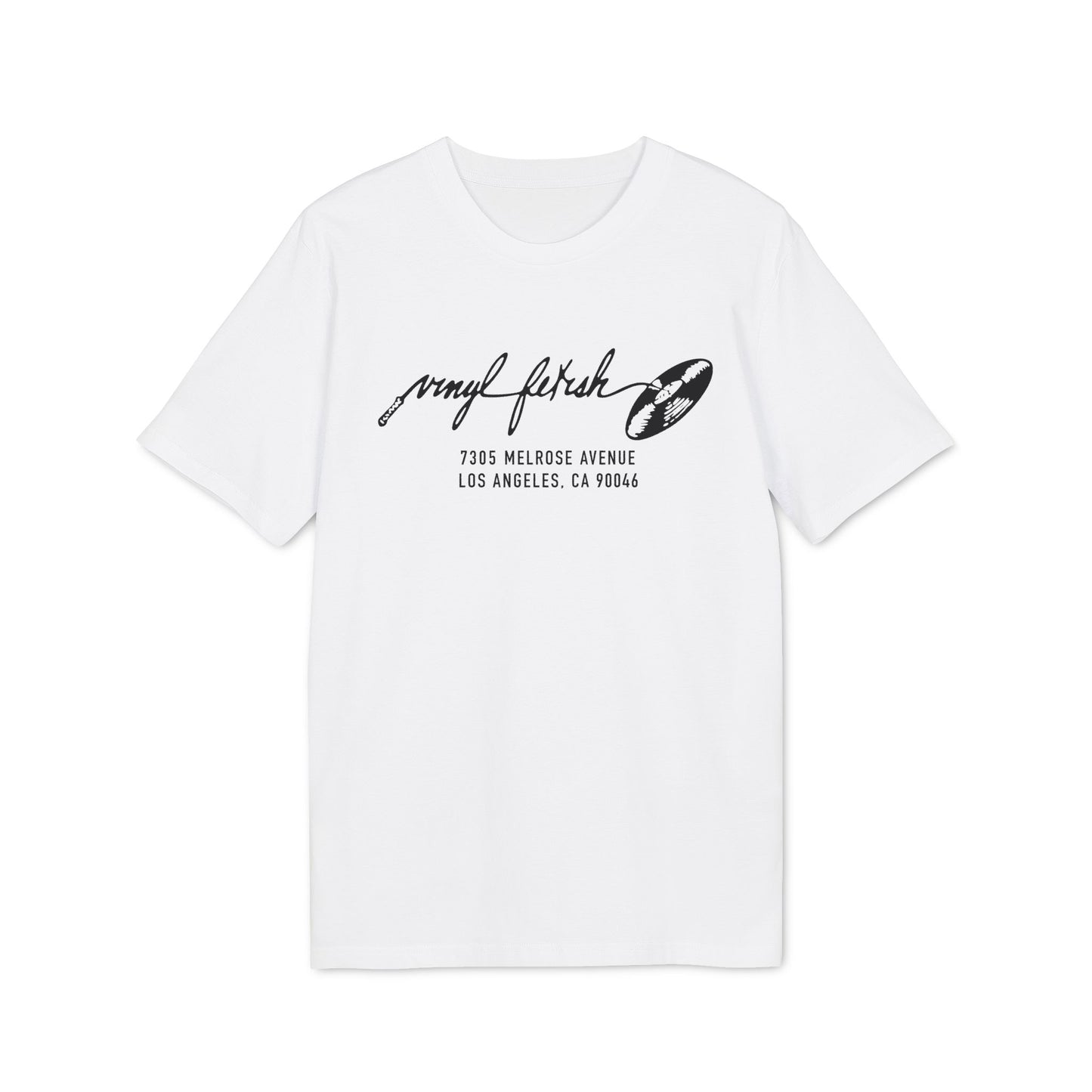 White t-shirt with black "vinyl fetish" text and a vinyl record graphic.