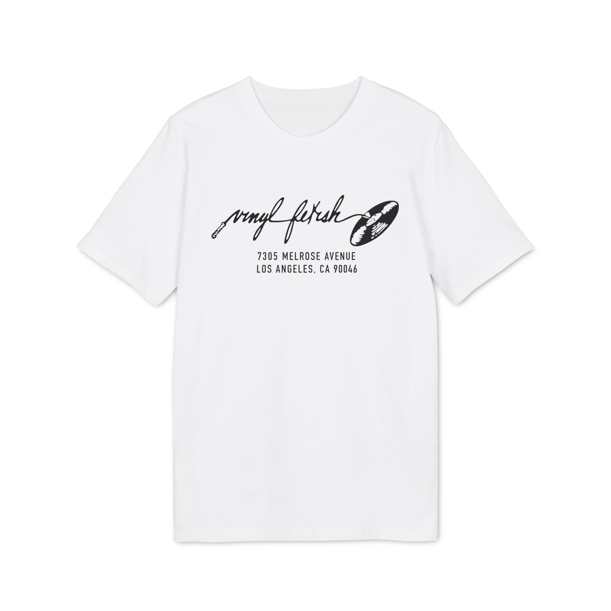 White t-shirt with black "vinyl fetish" text and a vinyl record graphic.