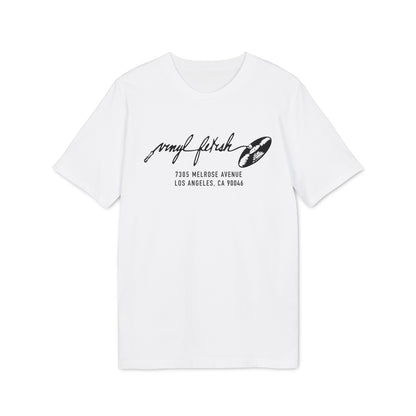White t-shirt with black "vinyl fetish" text and a vinyl record graphic.