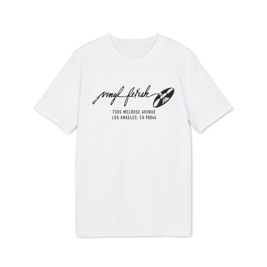 White t-shirt with black "vinyl fetish" text and a vinyl record graphic.
