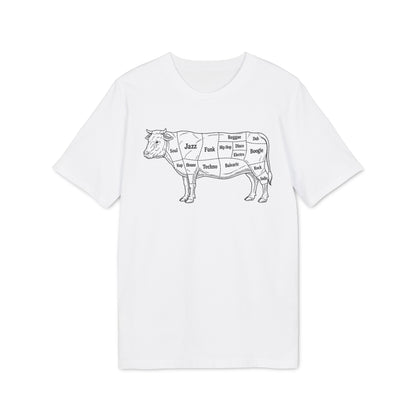 Line drawing of a cow diagram labeled with music genres like Jazz, Funk, and Boogie.