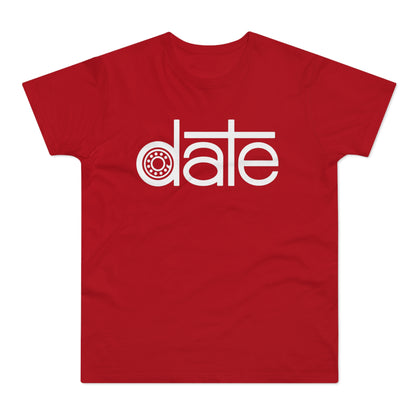 Red t-shirt with white text reading "date" featuring a bearing graphic.