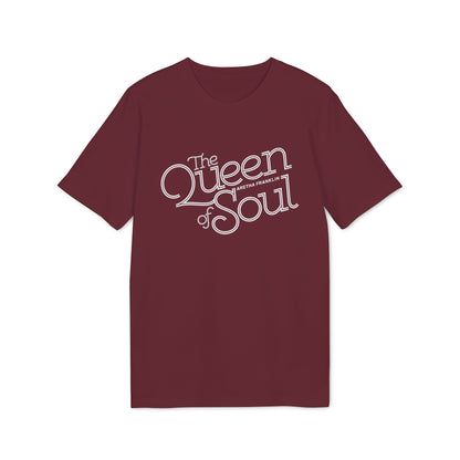 Maroon t-shirt with white text "The Queen of Soul Aretha Franklin"