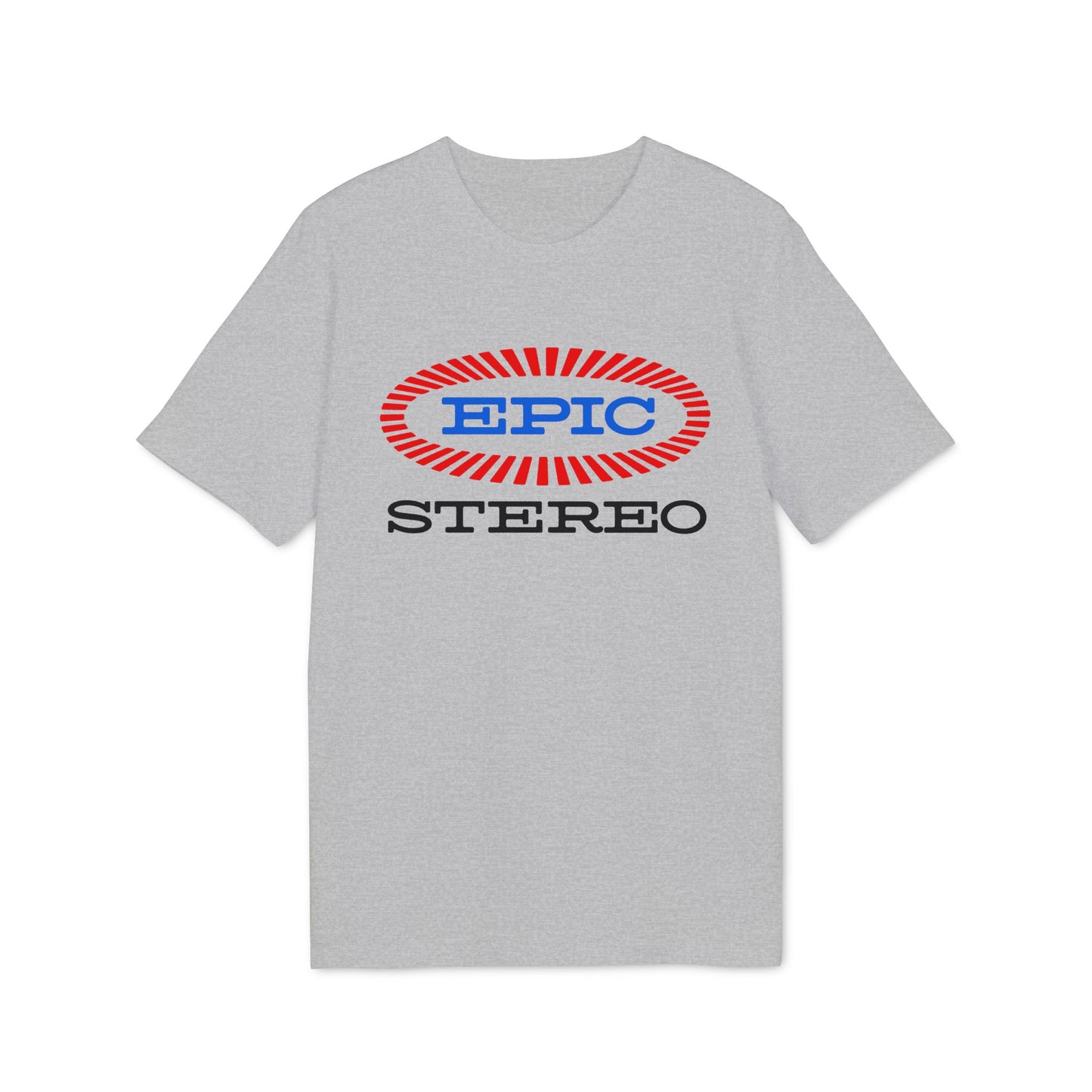 Grey t-shirt with a red and blue "EPIC STEREO" logo centered on the chest.