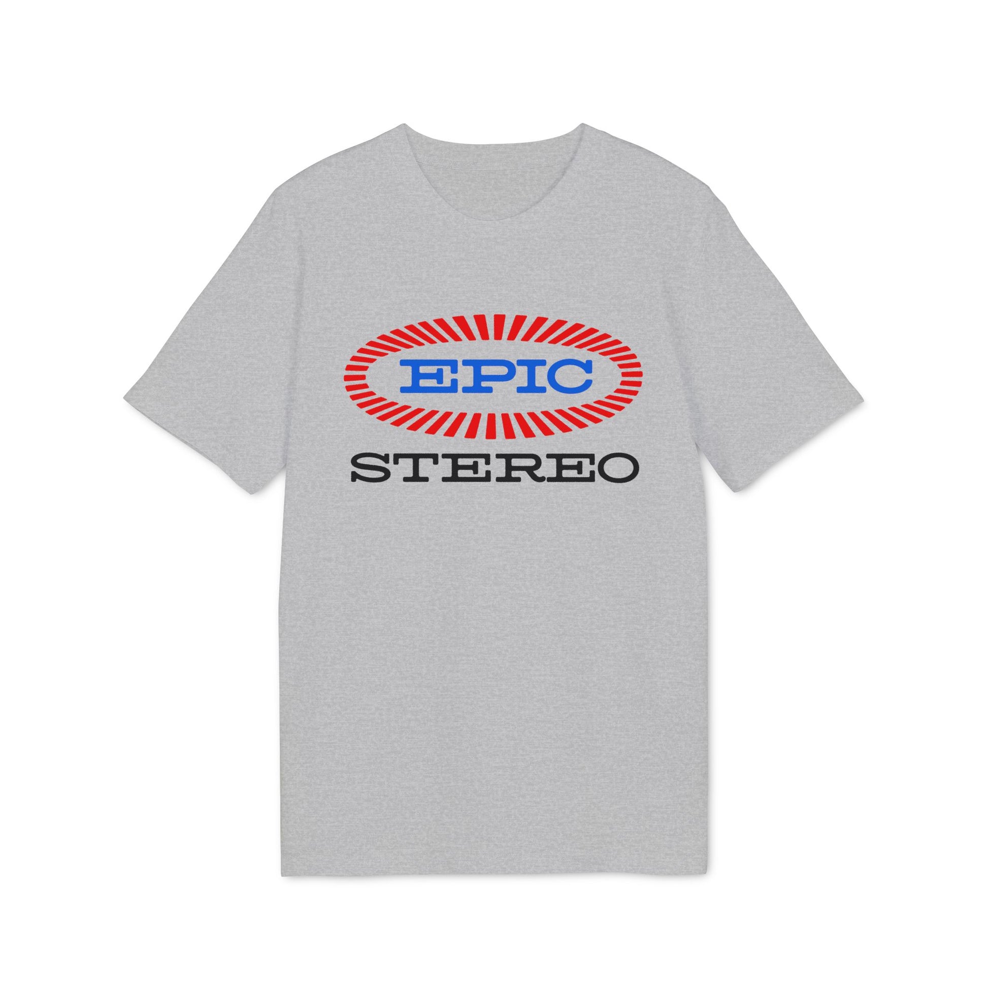 Grey t-shirt with a red and blue "EPIC STEREO" logo centered on the chest.
