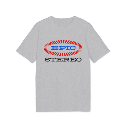 Grey t-shirt with a red and blue "EPIC STEREO" logo centered on the chest.