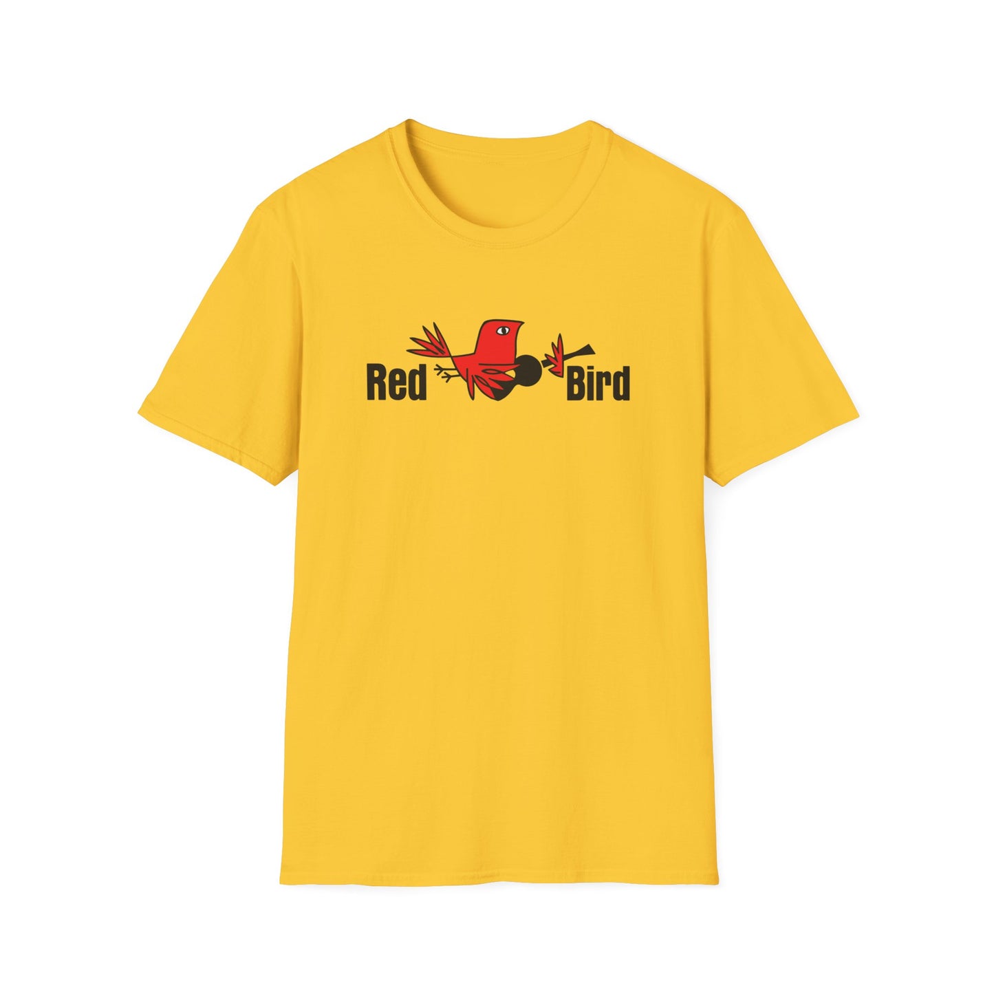Yellow t-shirt with red bird graphic and the words "Red Bird".