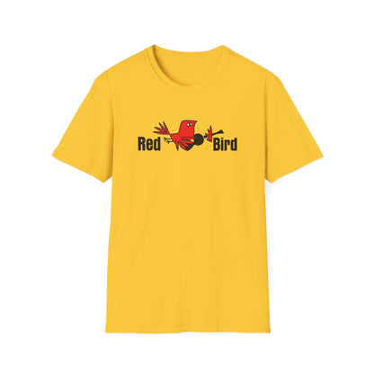 Yellow t-shirt with red bird graphic and the words "Red Bird".