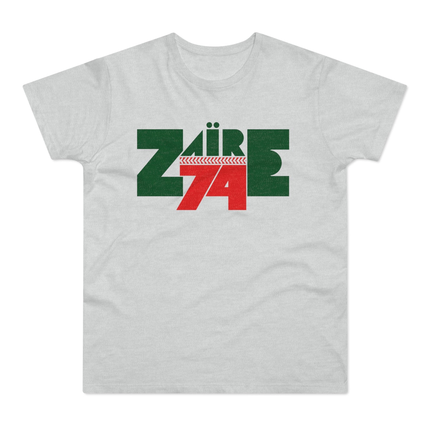 Light grey t-shirt with a green and red "ZAIRE 74" graphic.