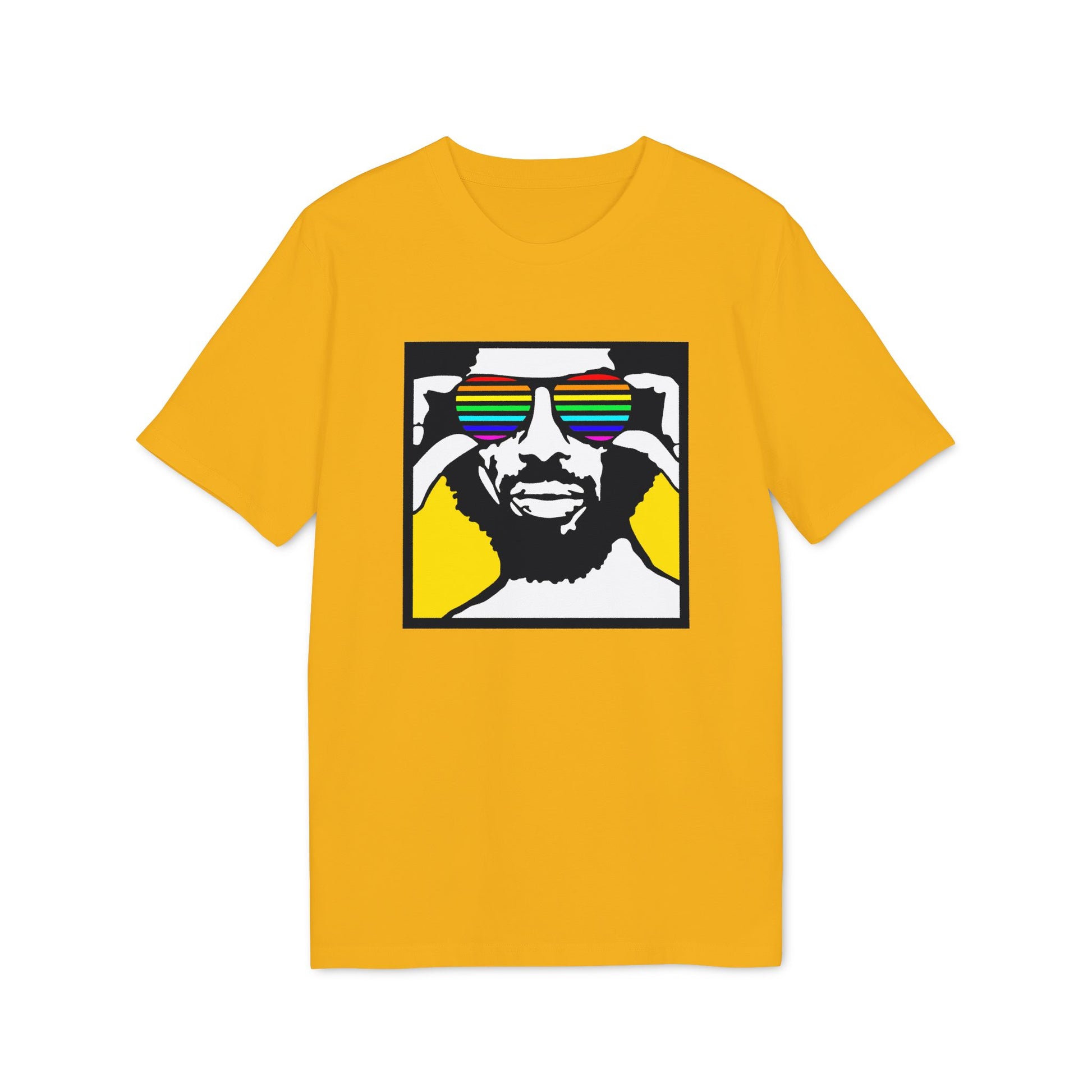 Yellow t-shirt with a graphic of a man wearing rainbow striped sunglasses.