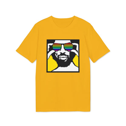 Yellow t-shirt with a graphic of a man wearing rainbow striped sunglasses.