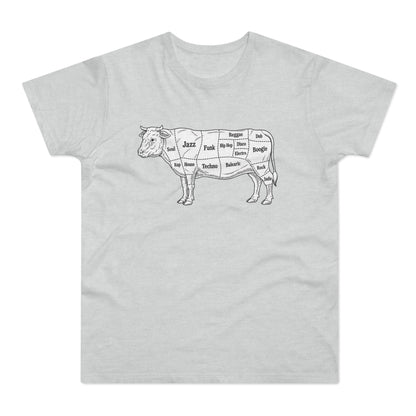 Line drawing of a cow with music genres labeled as cuts of meat.