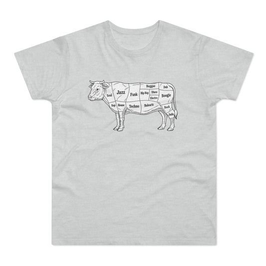 Line drawing of a cow with music genres labeled as cuts of meat.
