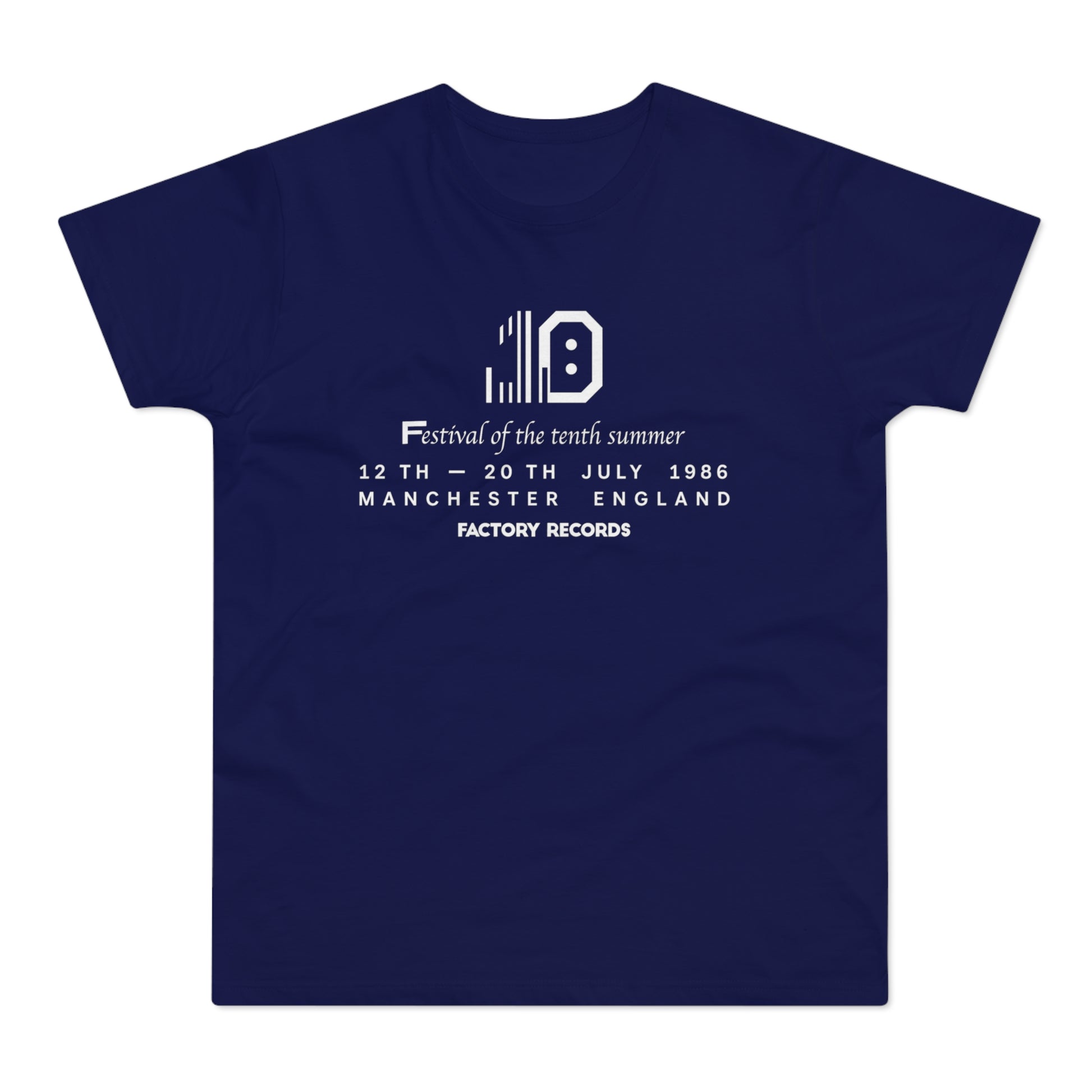 Navy t-shirt with "Festival of the tenth summer 1986 Manchester England Factory Records" text.