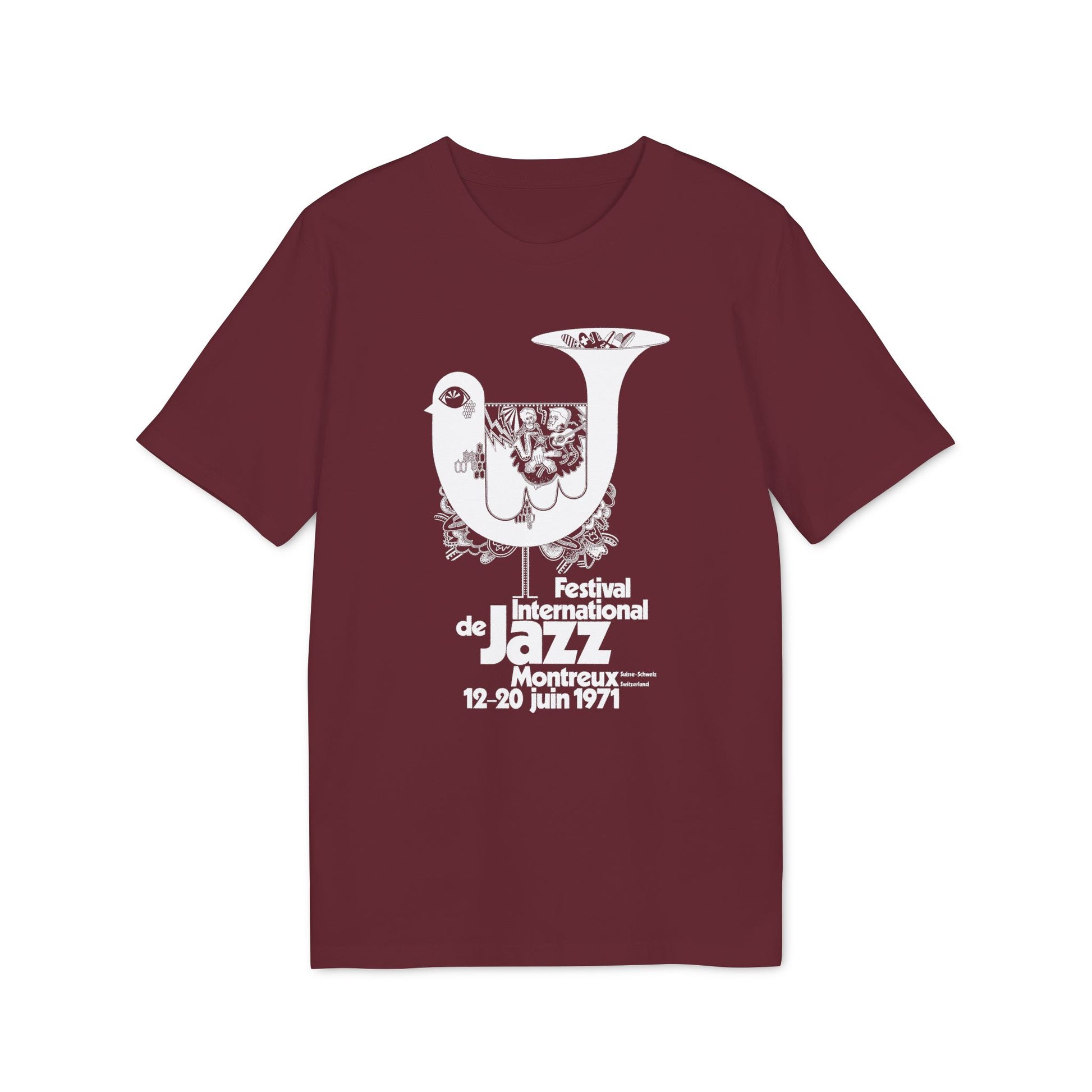 Maroon t-shirt with white Montreux Jazz Festival 1971 graphic.