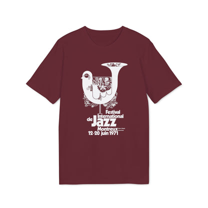 Maroon t-shirt with white Montreux Jazz Festival 1971 graphic.