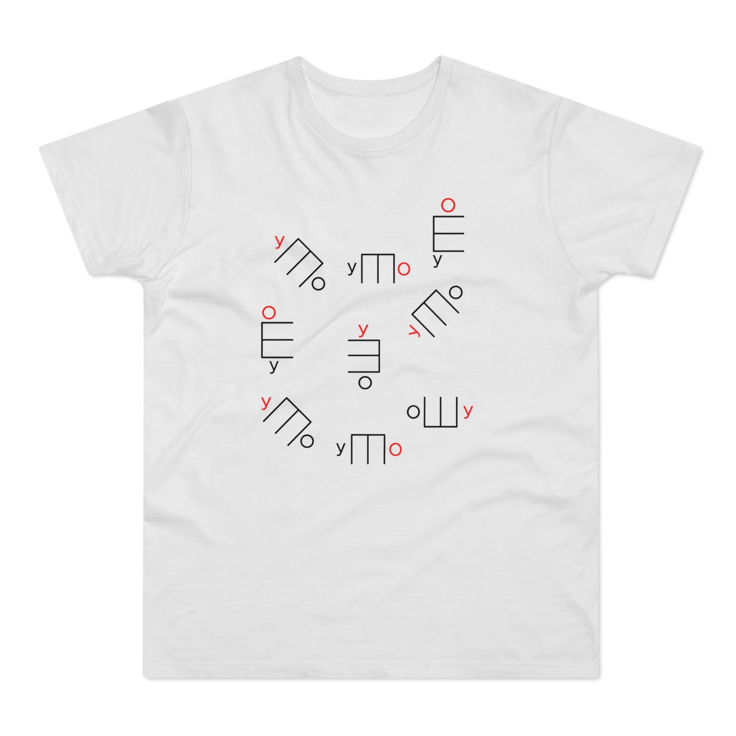 White t-shirt with a scattering of abstract black line graphics and red circles and "y"s.