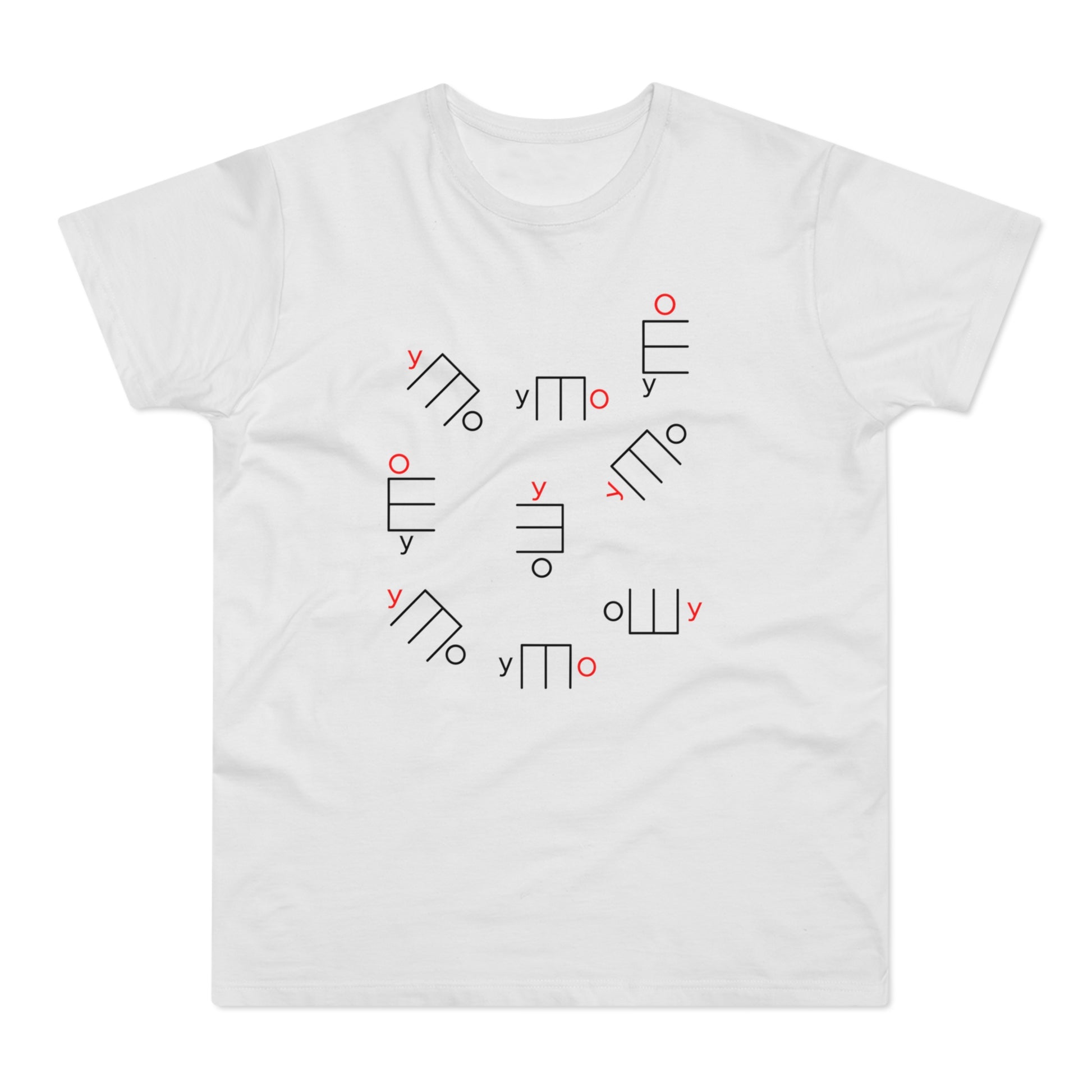 White t-shirt with a scattering of abstract black line graphics and red circles and "y"s.