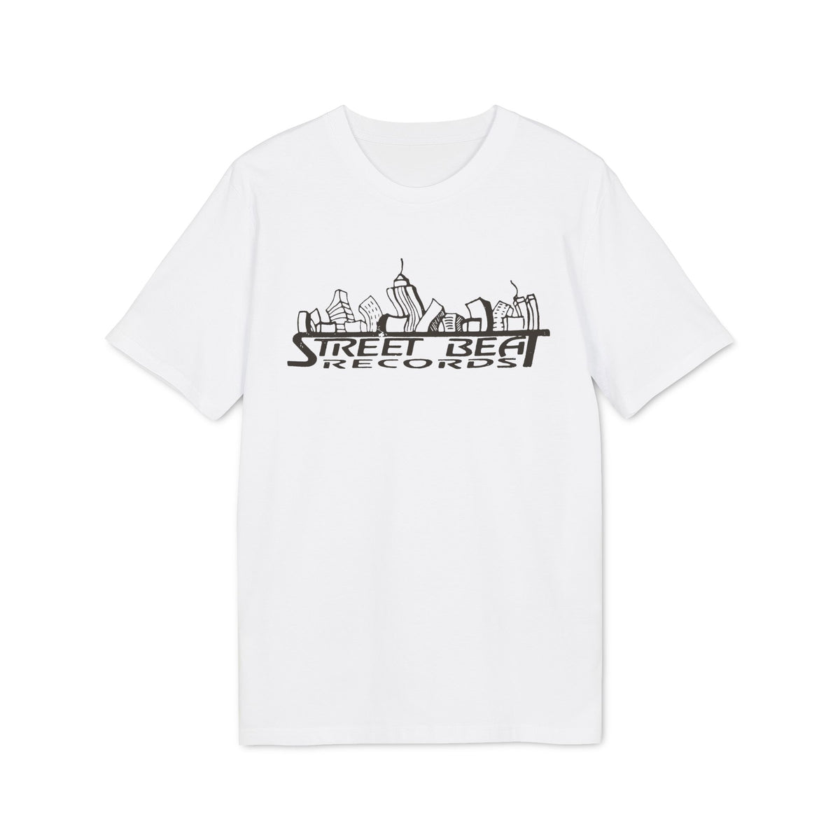 White t-shirt with black "STREET BEAT RECORDS" text and skyline graphic.