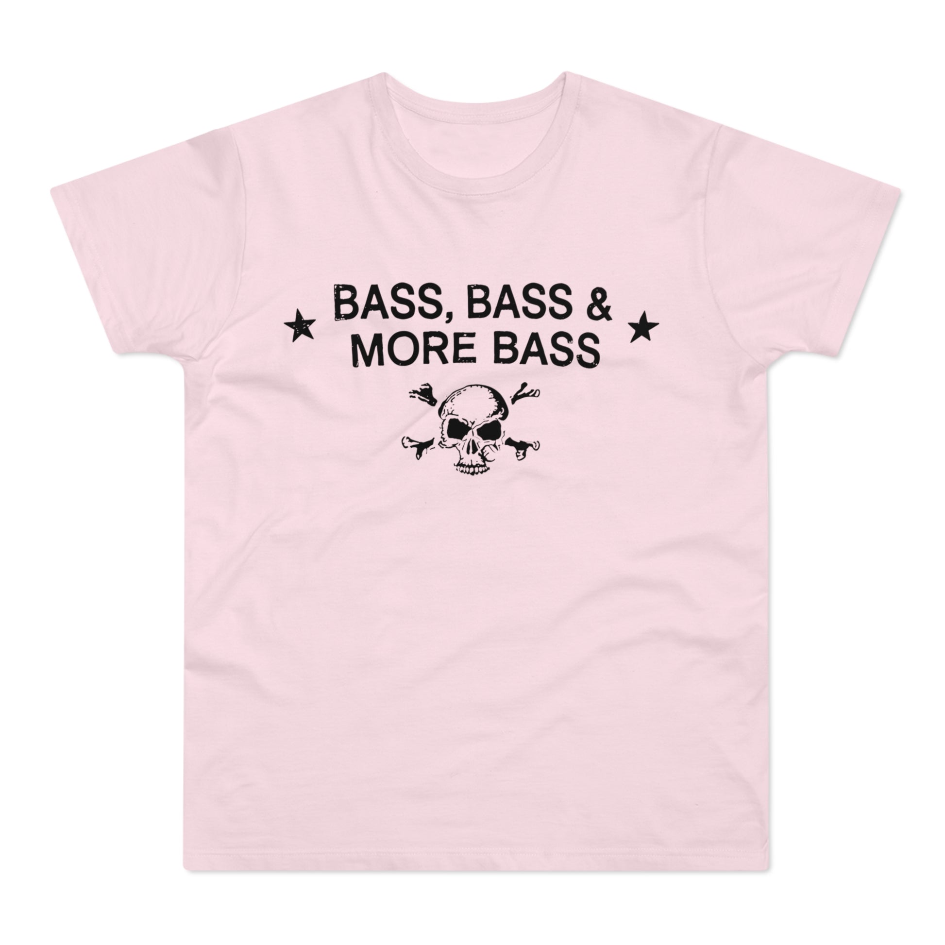 Pink t-shirt with black skull, bones, and "Bass, Bass & More Bass" text.