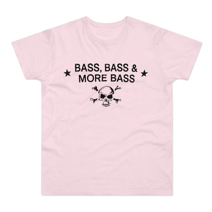 Pink t-shirt with black skull, bones, and "Bass, Bass & More Bass" text.