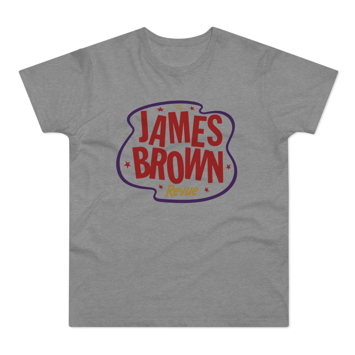 Grey t-shirt with red and purple James Brown Revue logo.