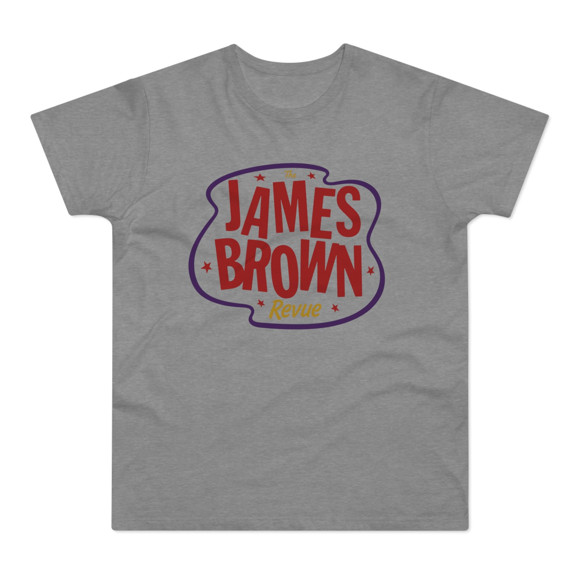 Grey t-shirt with red and purple James Brown Revue logo.