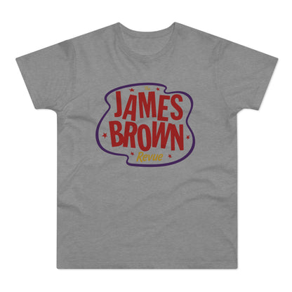 Grey t-shirt with red and purple James Brown Revue logo.