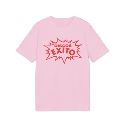 Pink t-shirt with red "DISCOS EXITO" text in a speech bubble design.