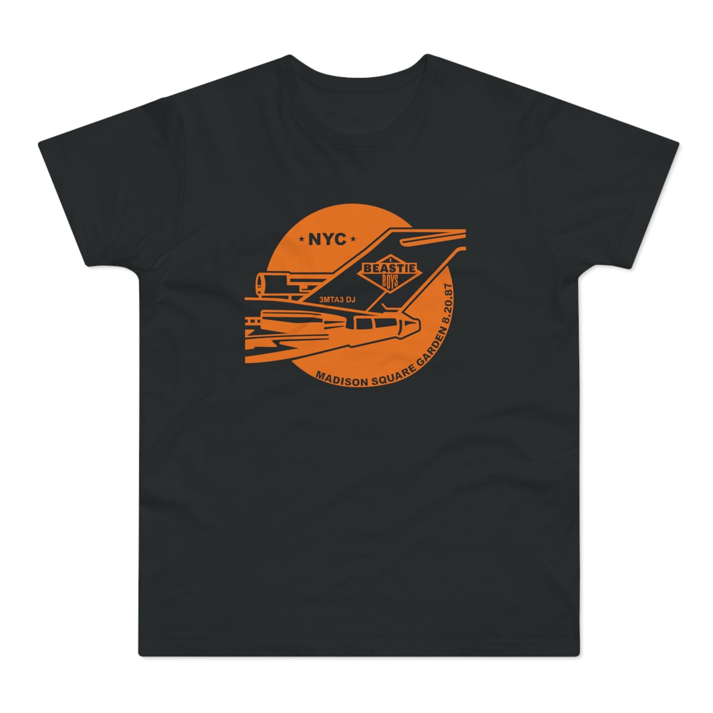 Orange graphic on black t-shirt with Beastie Boys logo, NYC, and Madison Square Garden 8.20.87.