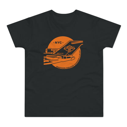 Orange graphic on black t-shirt with Beastie Boys logo, NYC, and Madison Square Garden 8.20.87.