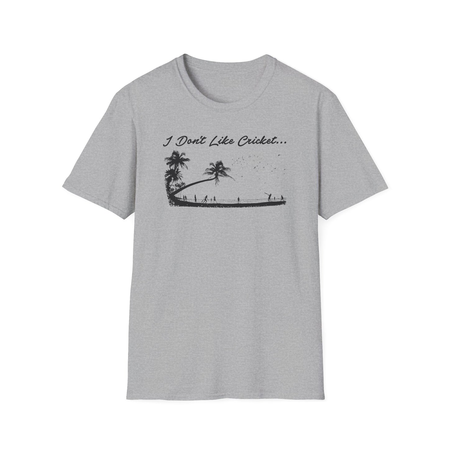 Light gray t-shirt with black text and tropical scene graphic.
