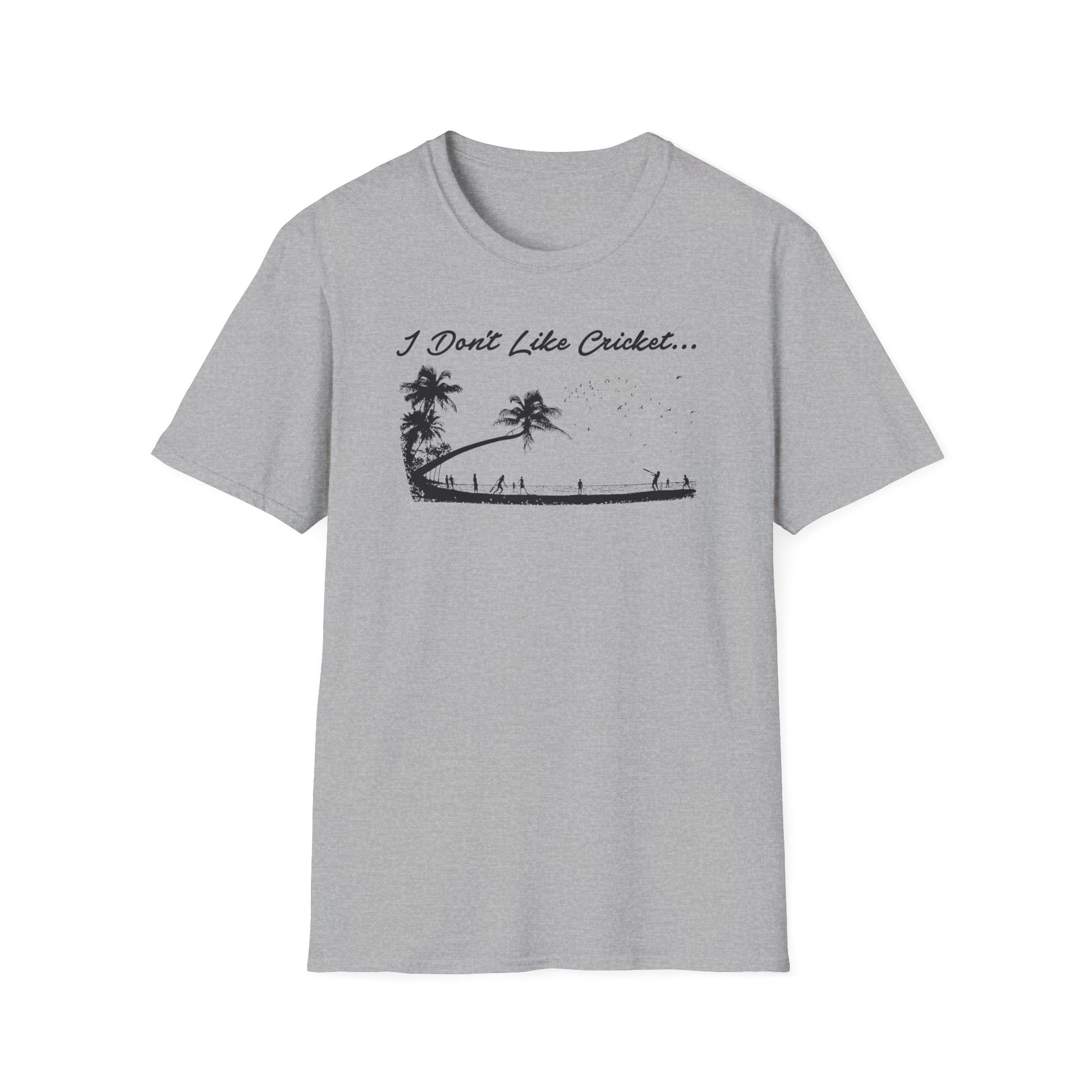 Light gray t-shirt with black text and tropical scene graphic.