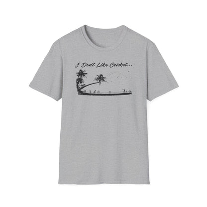Light gray t-shirt with black text and tropical scene graphic.