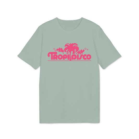 Green t-shirt with a pink "Tropi Disco" palm tree logo.