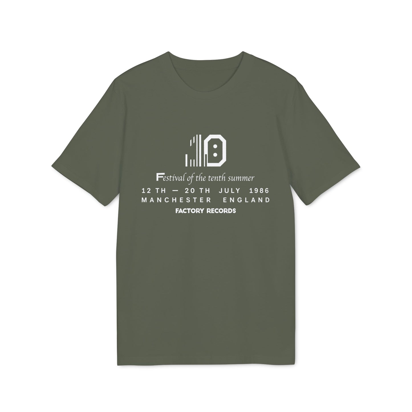 Olive green t-shirt with "Festival of the tenth summer" text and Factory Records logo.
