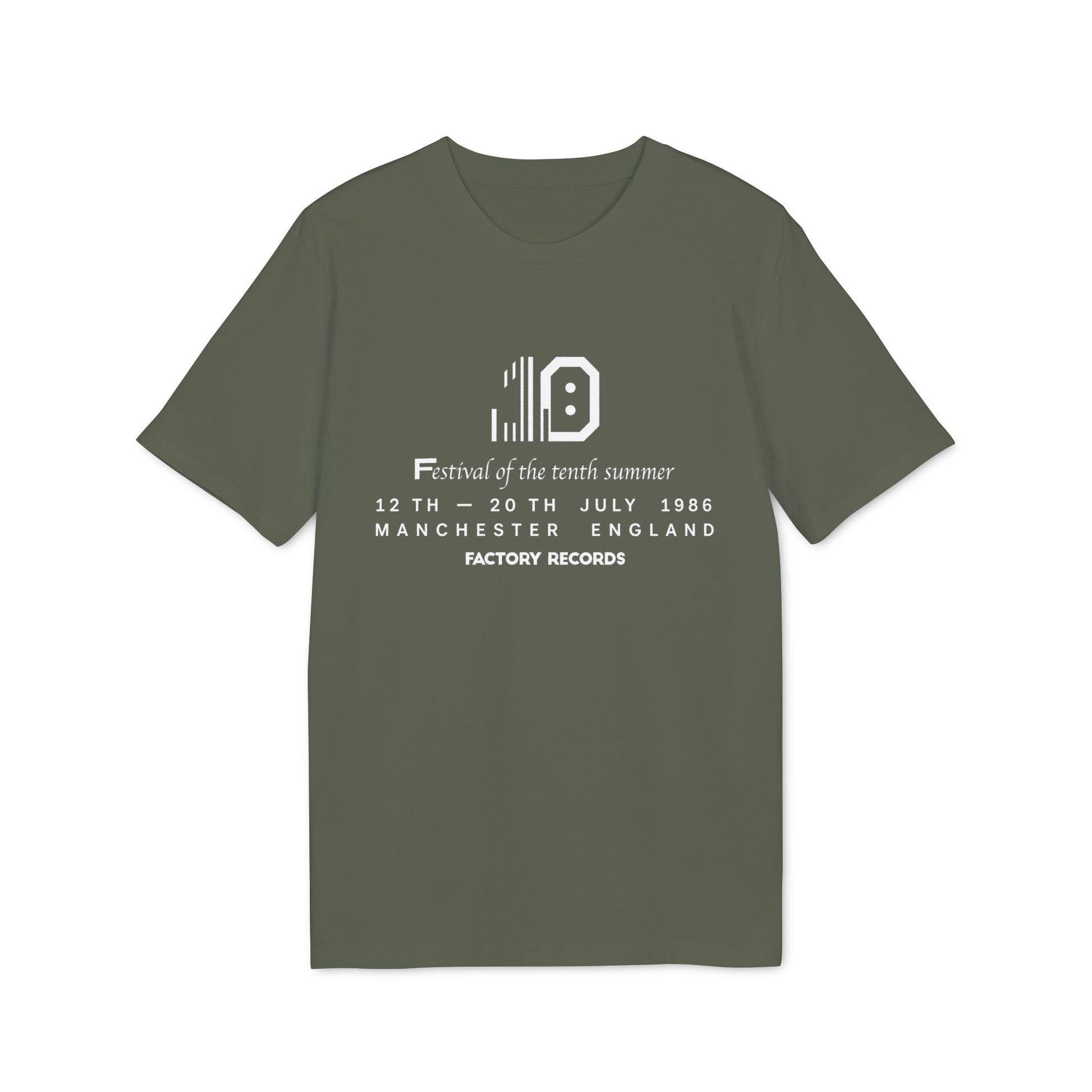 Olive green t-shirt with "Festival of the tenth summer" text and Factory Records logo.