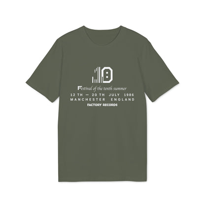 Olive green t-shirt with "Festival of the tenth summer" text and Factory Records logo.