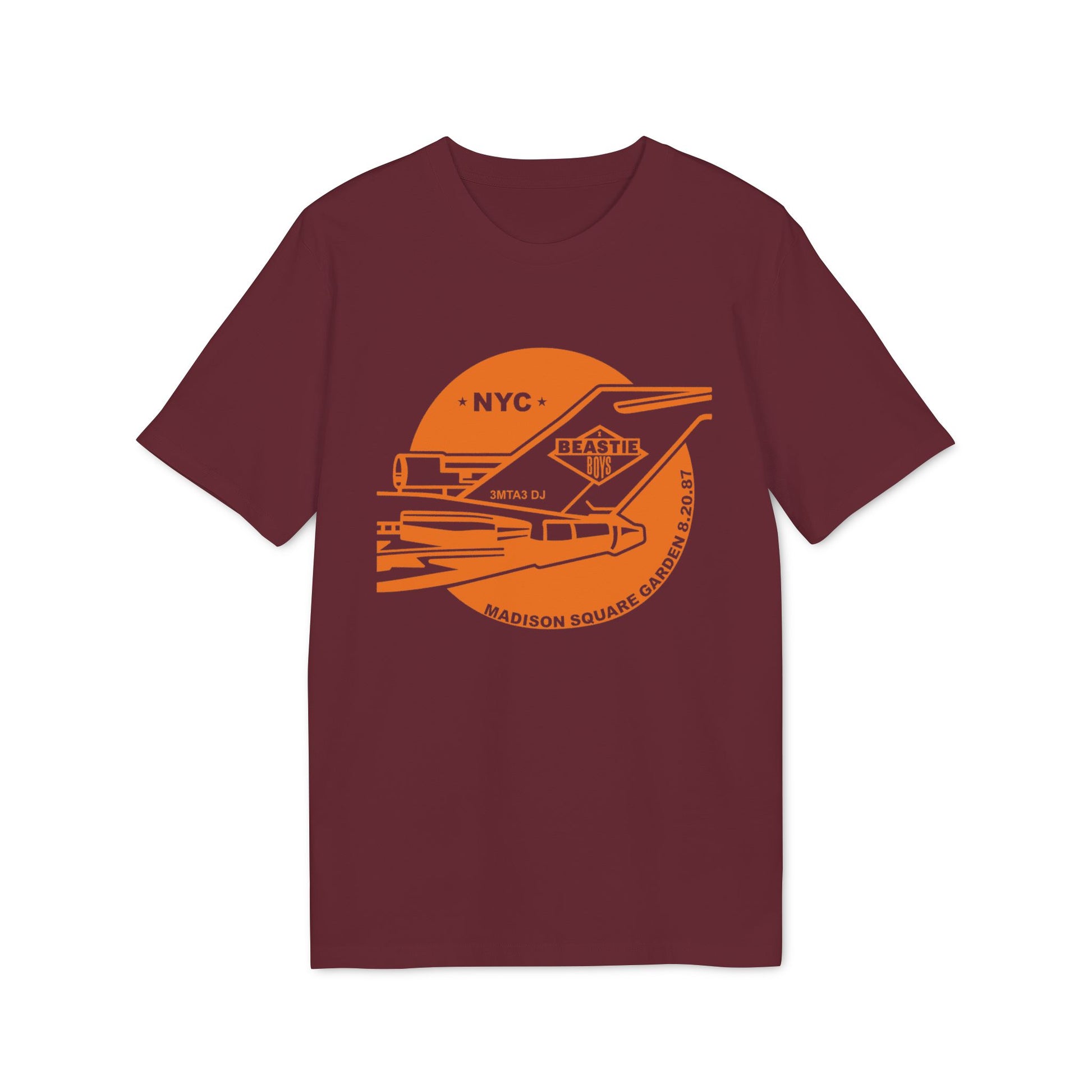 Maroon t-shirt featuring orange Beastie Boys graphic with "NYC", "3MTA3 DJ", and "MADISON SQUARE GARDEN 8.20.87".