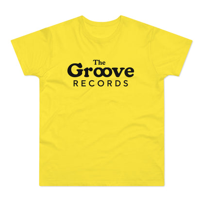 Yellow t-shirt with "The Groove RECORDS" text in black.