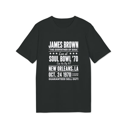 Black t-shirt with James Brown Soul Bowl '70 event details.