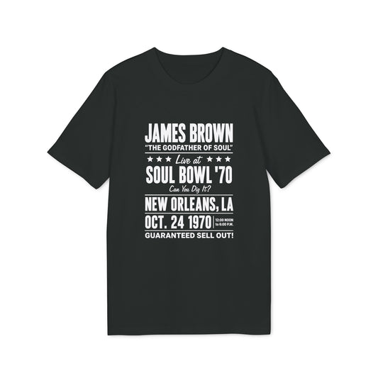Black t-shirt with James Brown Soul Bowl '70 event details.