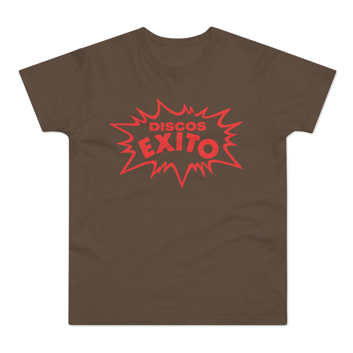 Brown t-shirt with red "Discos Exito" burst graphic.