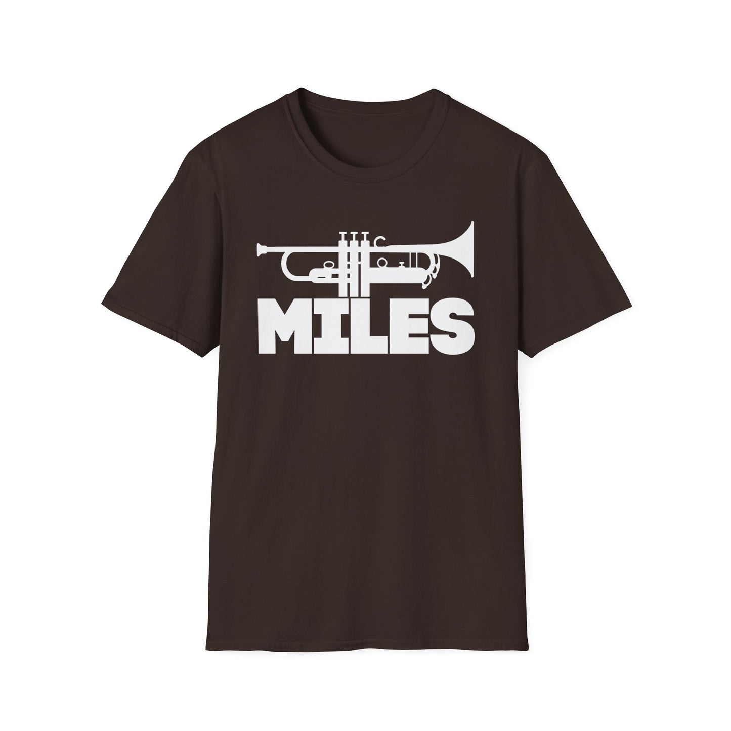 Brown t-shirt with white trumpet graphic and "MILES" text.