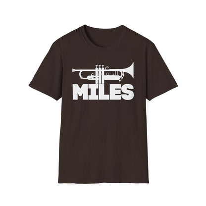 Brown t-shirt with white trumpet graphic and "MILES" text.