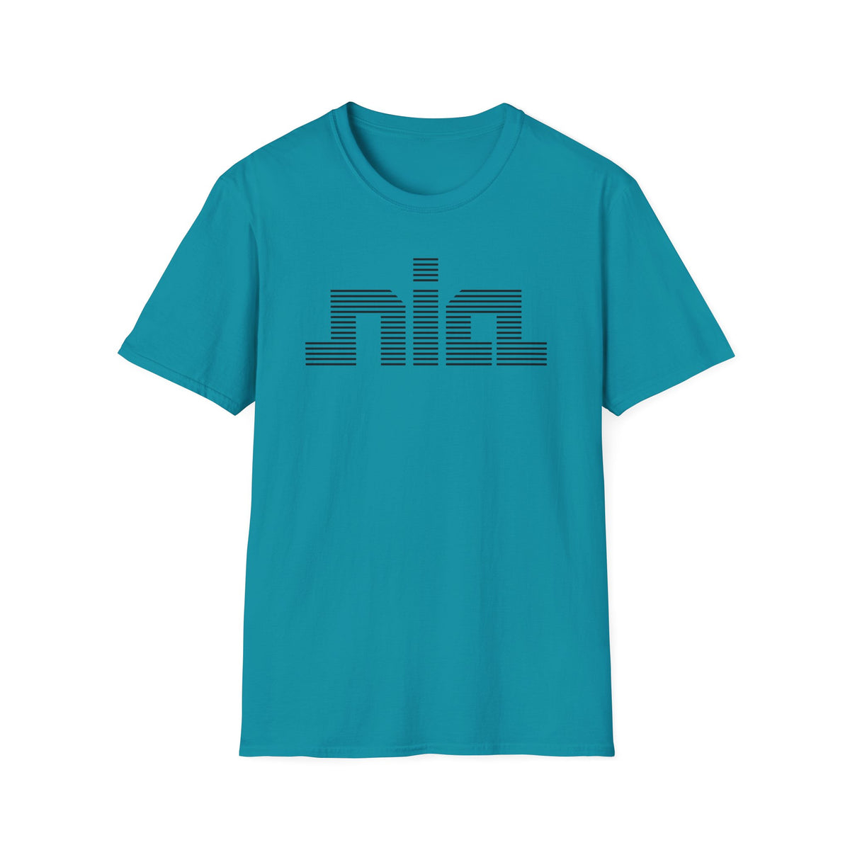 Teal t-shirt with a black horizontal striped "nia" logo on the front.
